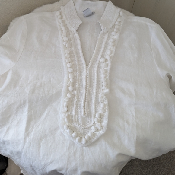 Chico’s Linen Prince Embellished Kurta Tunic Top White Pom Pom Trim Size 2 US 12 - Picture 5 of 9